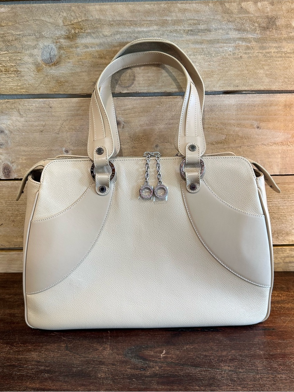 Authentic Bvlgari beige leather satchel with silver-tone logo hardware
